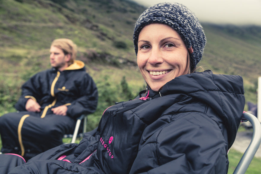 Camping on a mountain lake – sleeping bag with arms perfect for photography